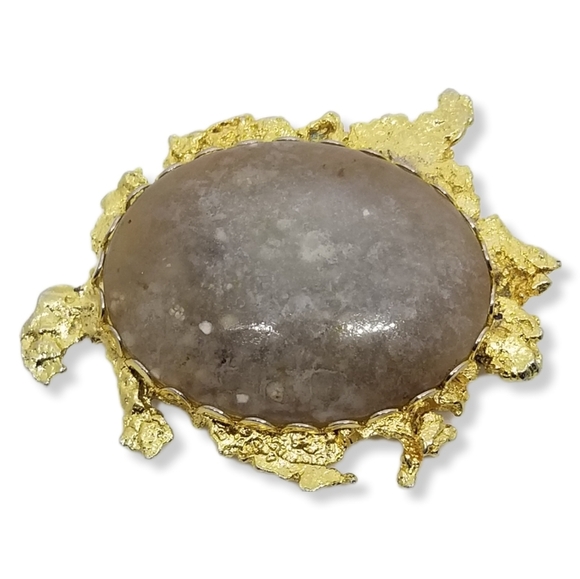 VINTAGE GOLDPLATED NUGGET STYLE & LARGE POLISHED AGATE STONE  STATEMENT BROOCH - Picture 1 of 3